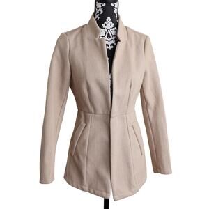 Women's Beige/Cream Preppy Herringbone Open Cardigan with Faux Pockets - S/4